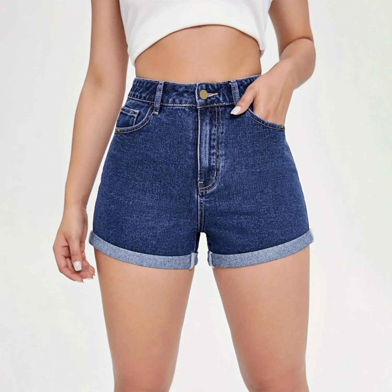 Jean Shorts for Women Trendy High Waisted Folded Hem Stretchy Denim Ultra Shorts Summer Casual Hot Short with Pockets