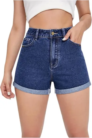 Jean Shorts for Women Trendy High Waisted Folded Hem Stretchy Denim Ultra Shorts Summer Casual Hot Short with Pockets