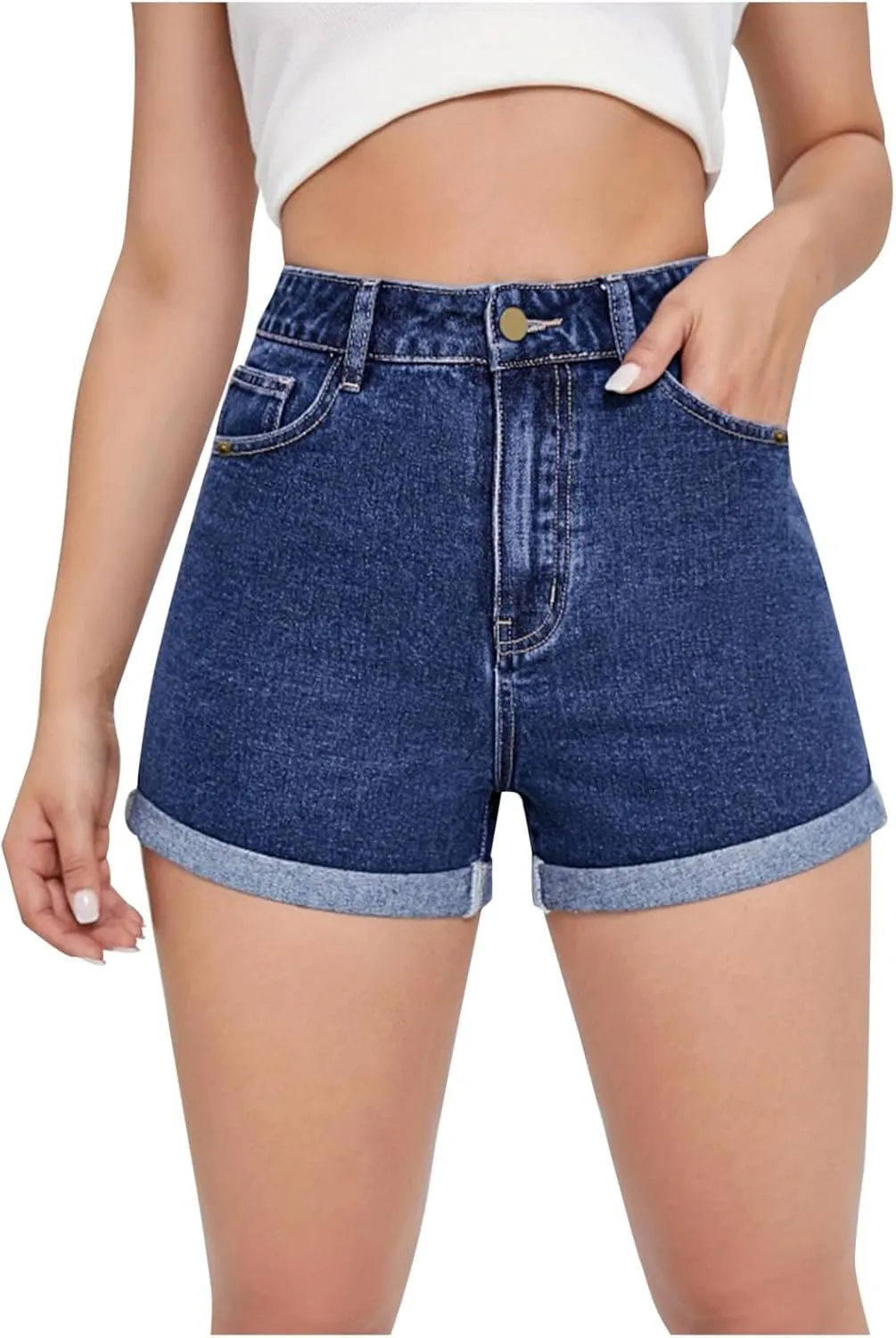 Jean Shorts for Women Trendy High Waisted Folded Hem Stretchy Denim Ultra Shorts Summer Casual Hot Short with Pockets