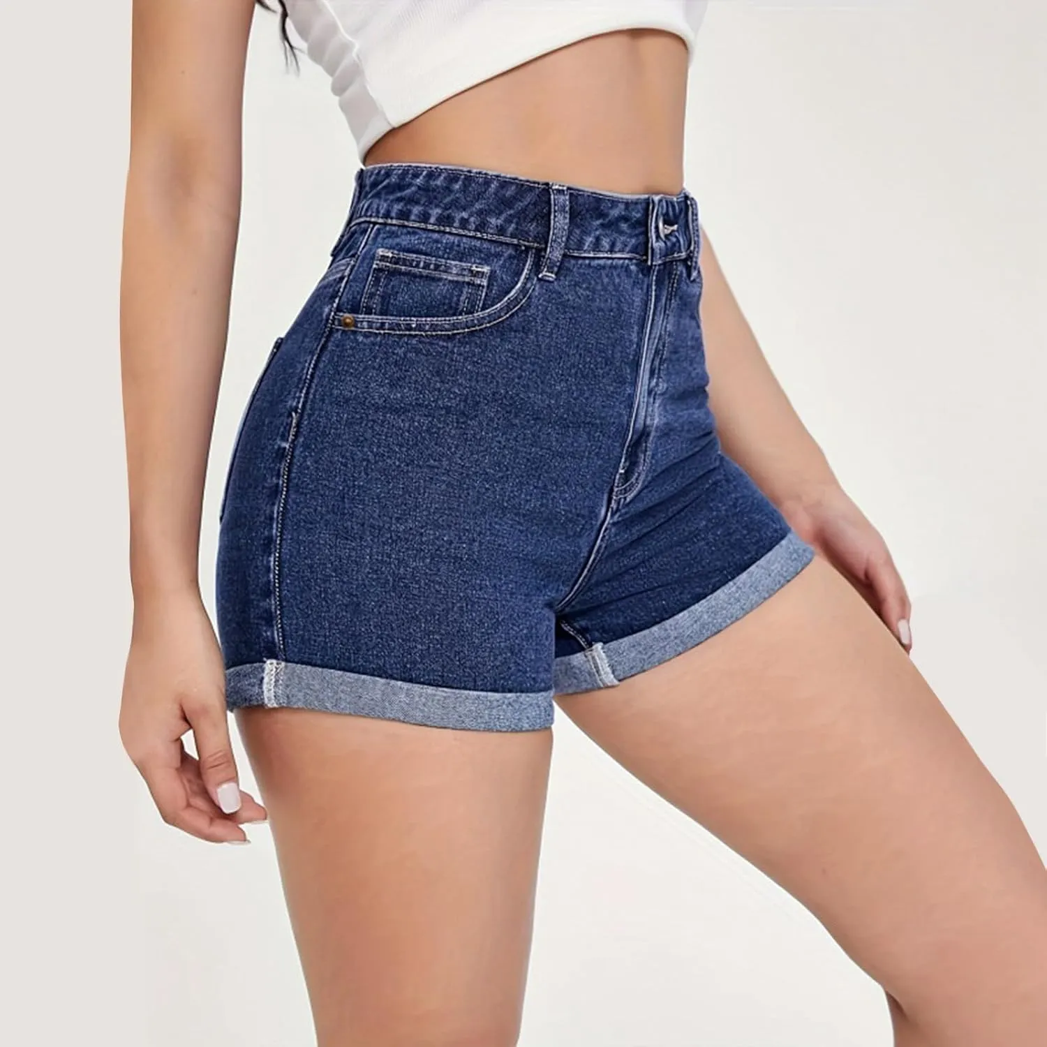 Jean Shorts for Women Trendy High Waisted Folded Hem Stretchy Denim Ultra Shorts Summer Casual Hot Short with Pockets