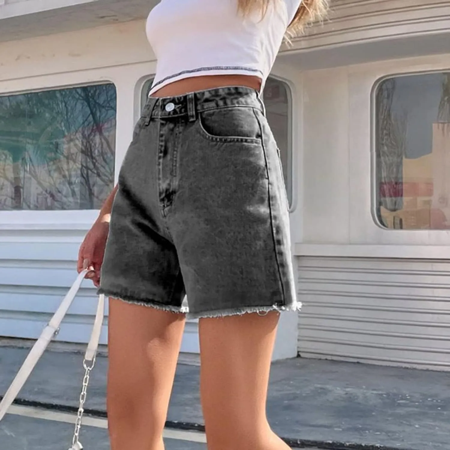 Jean Women Shorts Summer Loose Short Jeans High Waisted Classic Bermuda Shorts Knee Length Casual Short with Pockets
