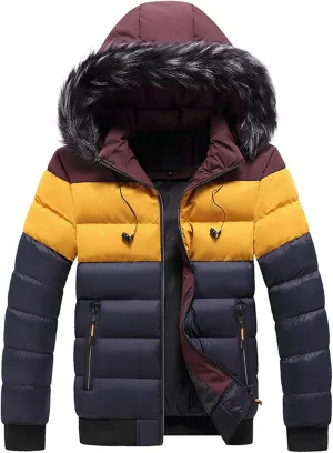JEsilunmaMY Men's Color Block Fur Hood Parka Slim Fit Warm Thicken Puffer Jacket Casual Windproof Winter Ski Down Coat