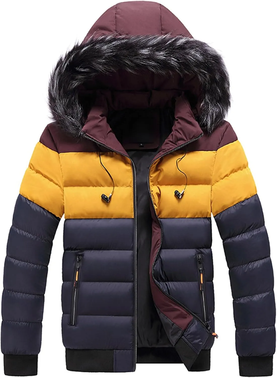 JEsilunmaMY Men's Color Block Fur Hood Parka Slim Fit Warm Thicken Puffer Jacket Casual Windproof Winter Ski Down Coat