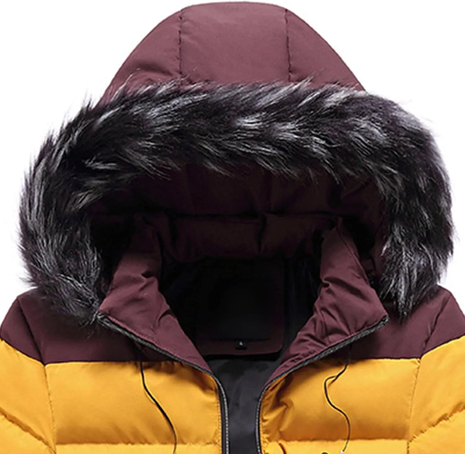 JEsilunmaMY Men's Color Block Fur Hood Parka Slim Fit Warm Thicken Puffer Jacket Casual Windproof Winter Ski Down Coat