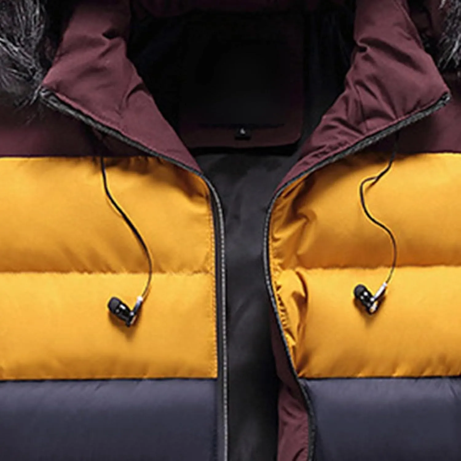 JEsilunmaMY Men's Color Block Fur Hood Parka Slim Fit Warm Thicken Puffer Jacket Casual Windproof Winter Ski Down Coat
