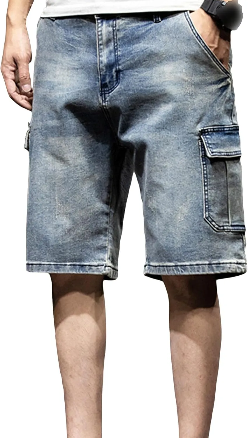 JEsilunmaMY Men's Multi-Pocket Denim Biker Shorts Relaxed Fit Outdoor Cargo Shorts Distressed Summer Cotton Jean Shorts