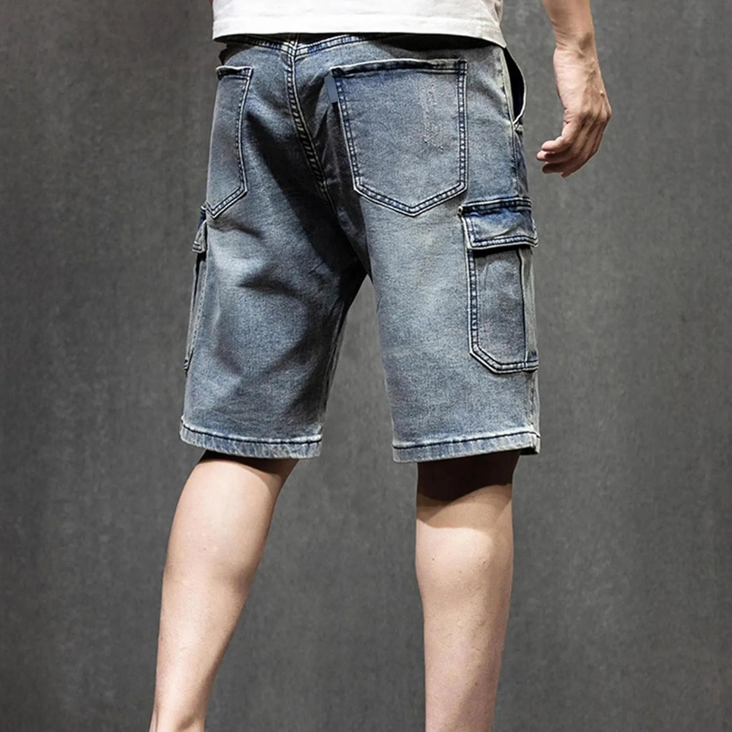 JEsilunmaMY Men's Multi-Pocket Denim Biker Shorts Relaxed Fit Outdoor Cargo Shorts Distressed Summer Cotton Jean Shorts