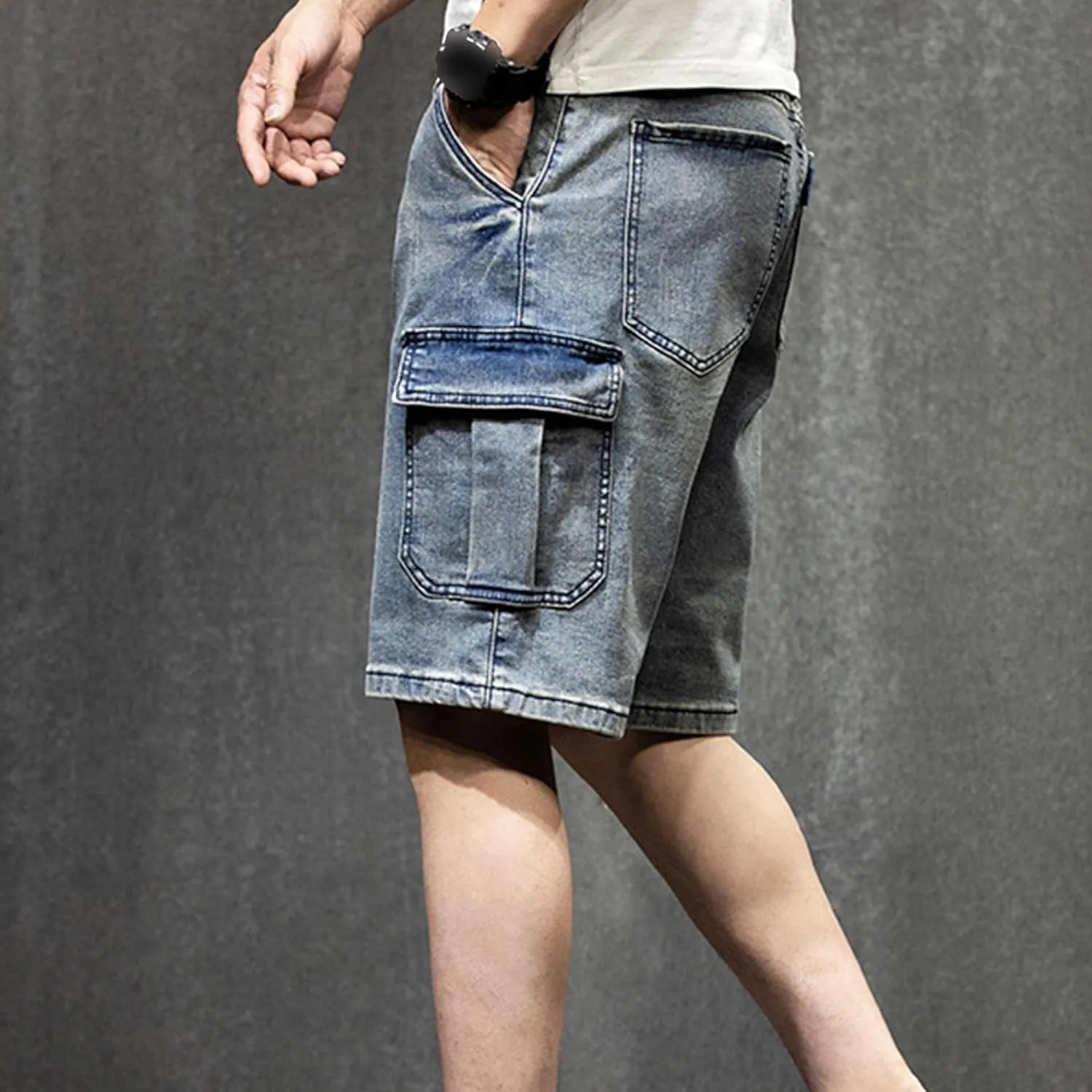 JEsilunmaMY Men's Multi-Pocket Denim Biker Shorts Relaxed Fit Outdoor Cargo Shorts Distressed Summer Cotton Jean Shorts