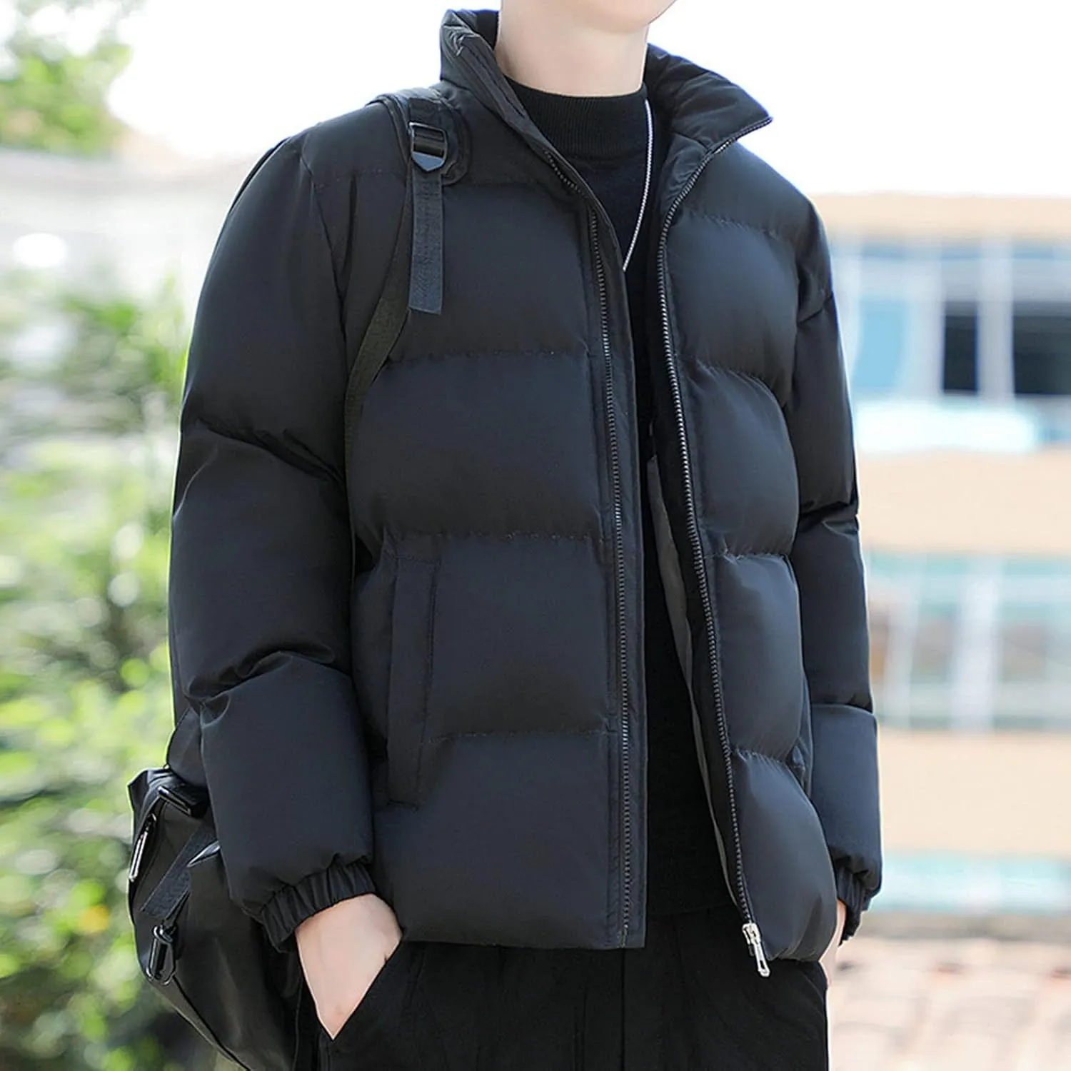 JEsilunmaMY Men's Stand Collar Winter Puffer Jacket Casual Windproof Warm Thicken Down Coat Solid Color Loose Padded Jacket