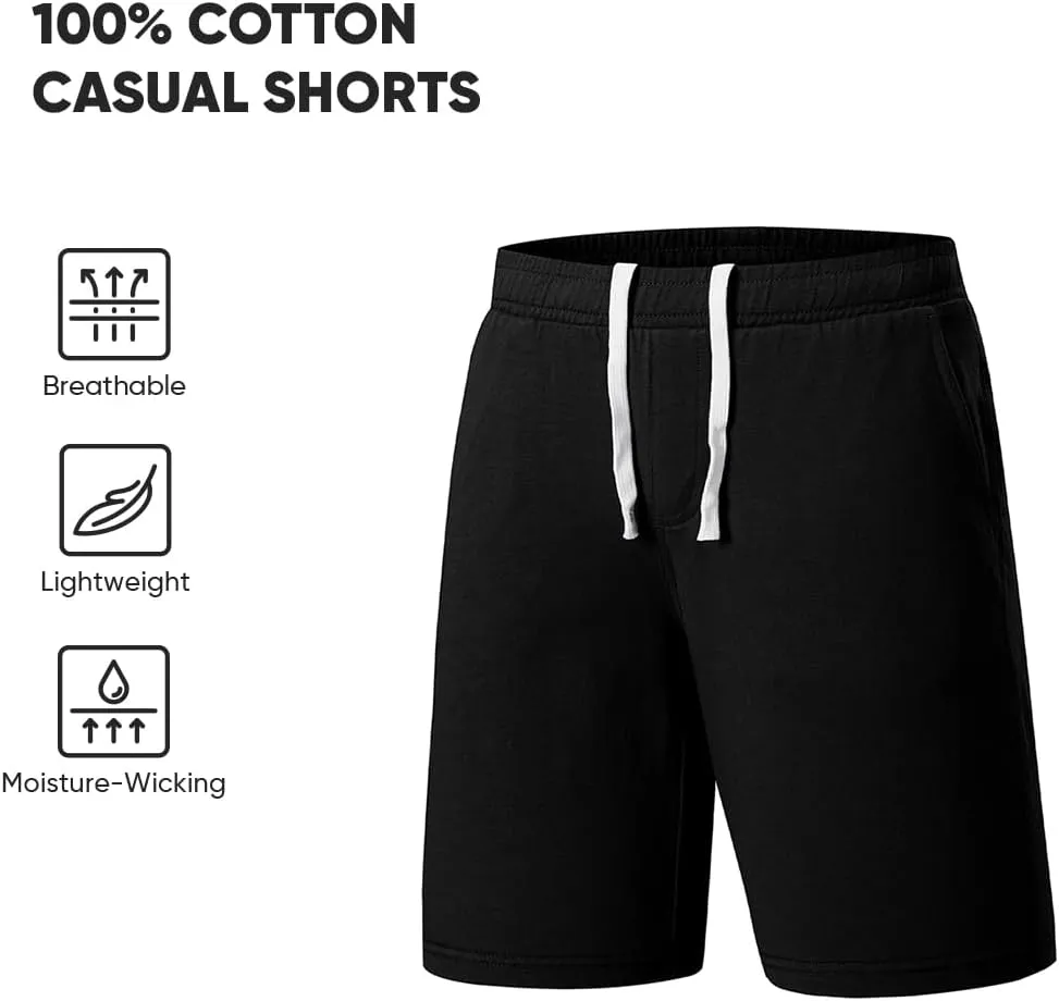 JMIERR Men's 100% Cotton Shorts 9" Casual Elastic Waist Drawstring Lightweight Workout Lounge Beach Jersey Sweat Shorts