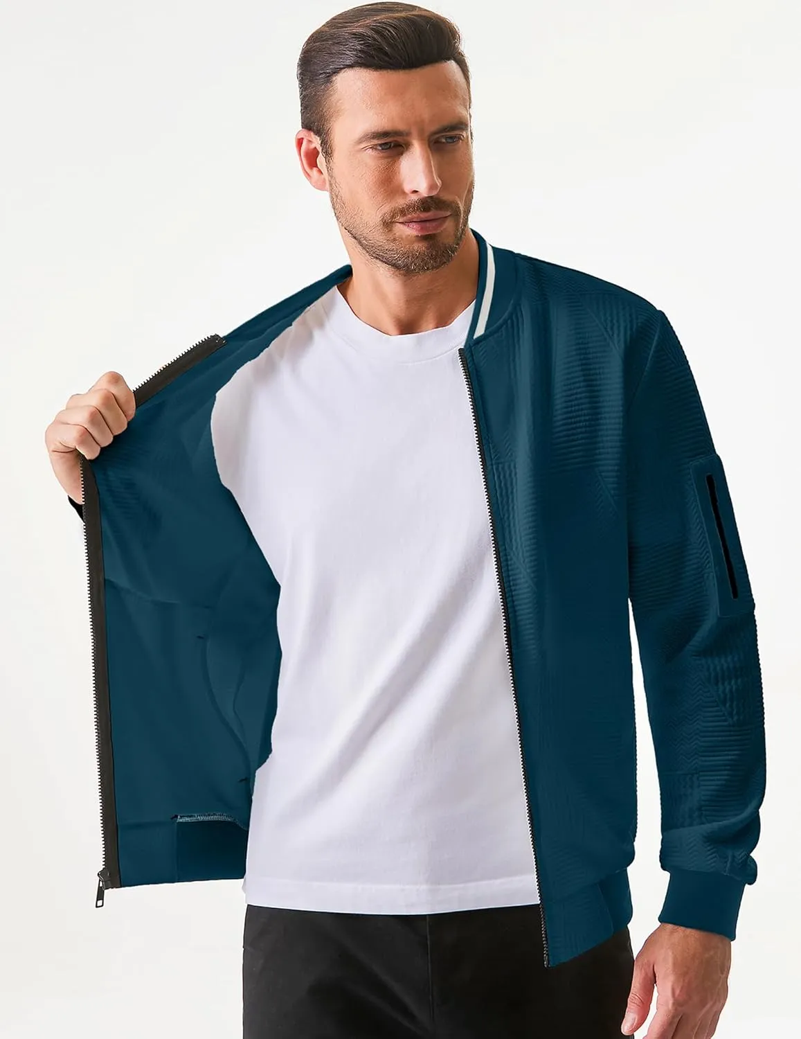 JMIERR Mens Casual Jacquard Bomber Jackets Color-Block Lightweight Varsity Jacket Fashion Zipper Coat with Pockets