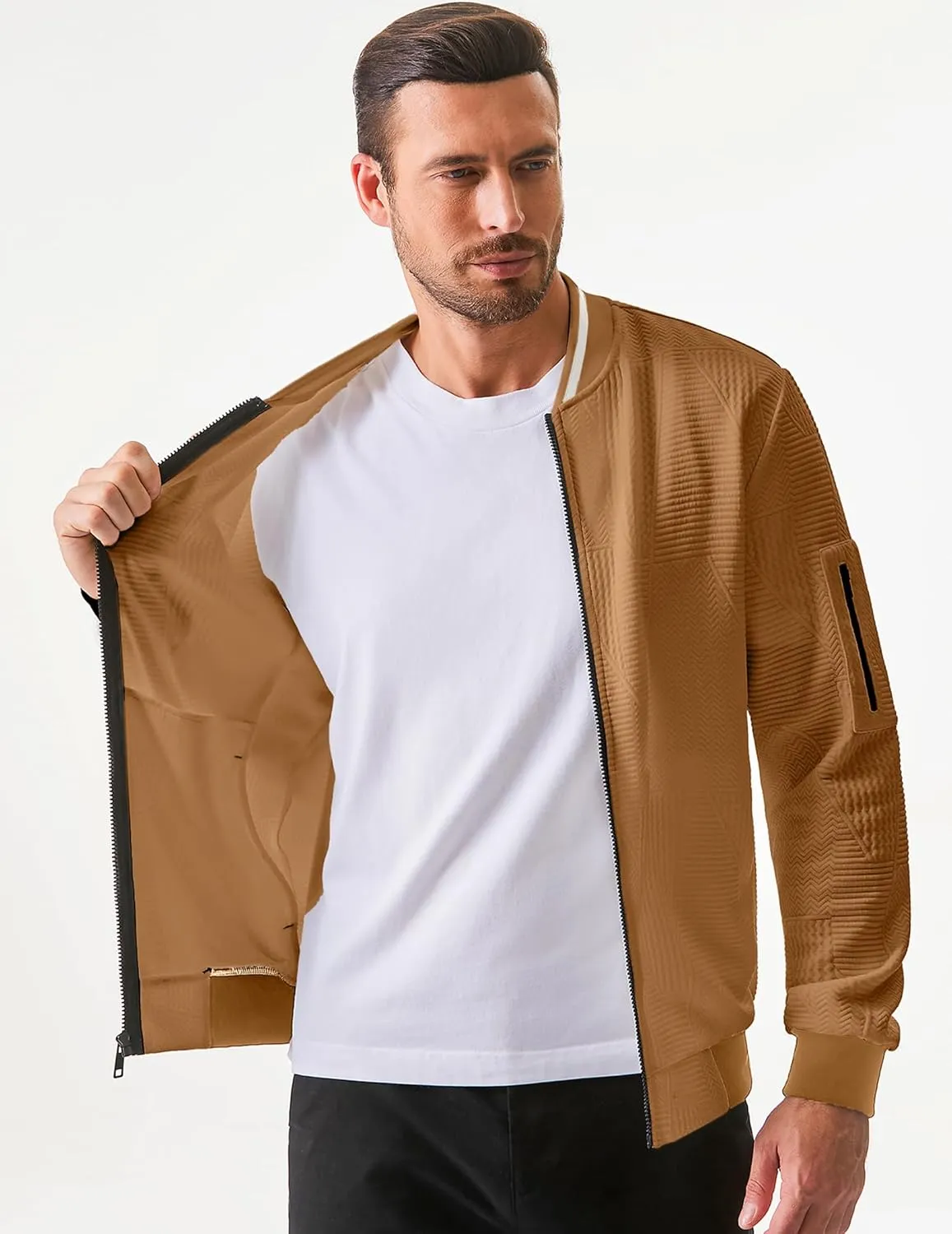 JMIERR Mens Casual Jacquard Bomber Jackets Color-Block Lightweight Varsity Jacket Fashion Zipper Coat with Pockets