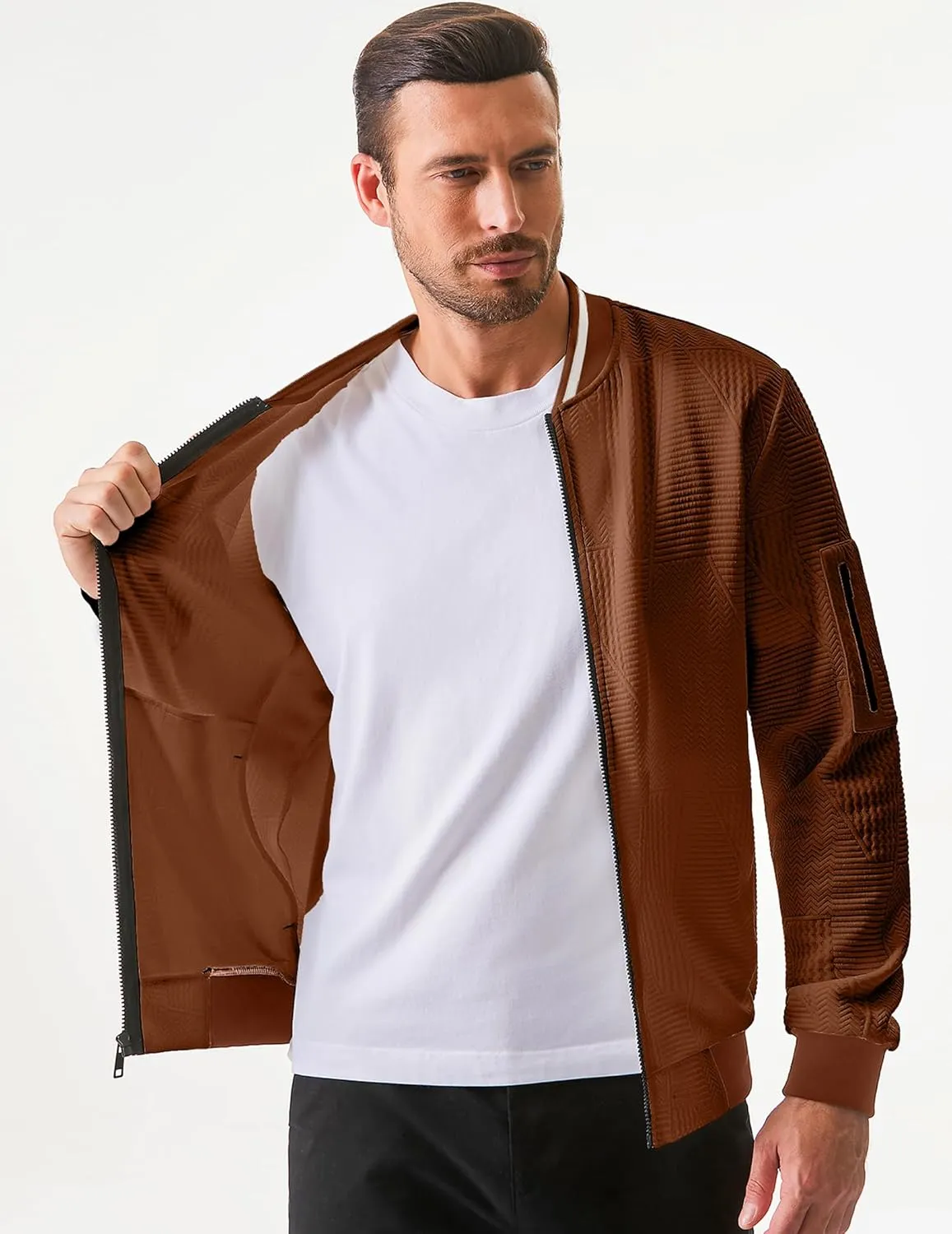 JMIERR Mens Casual Jacquard Bomber Jackets Color-Block Lightweight Varsity Jacket Fashion Zipper Coat with Pockets