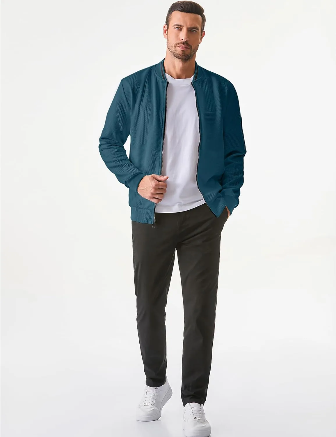 JMIERR Mens Casual Jacquard Bomber Jackets Color-Block Lightweight Varsity Jacket Fashion Zipper Coat with Pockets