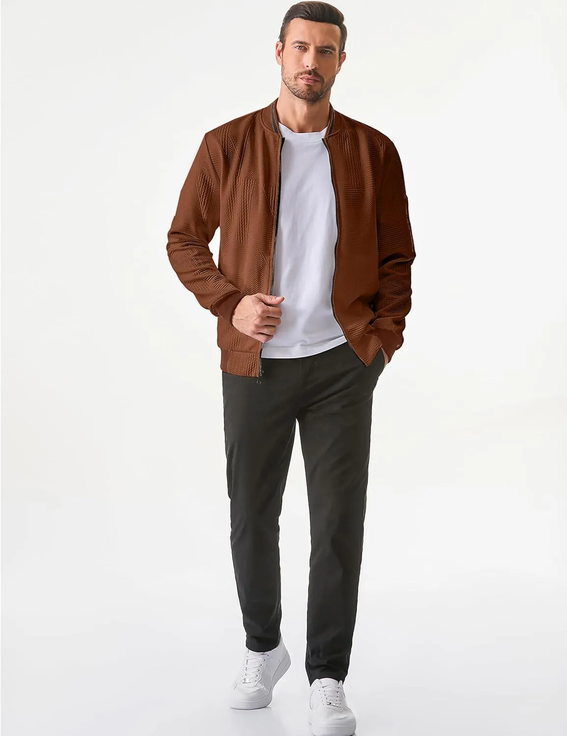 JMIERR Mens Casual Jacquard Bomber Jackets Color-Block Lightweight Varsity Jacket Fashion Zipper Coat with Pockets