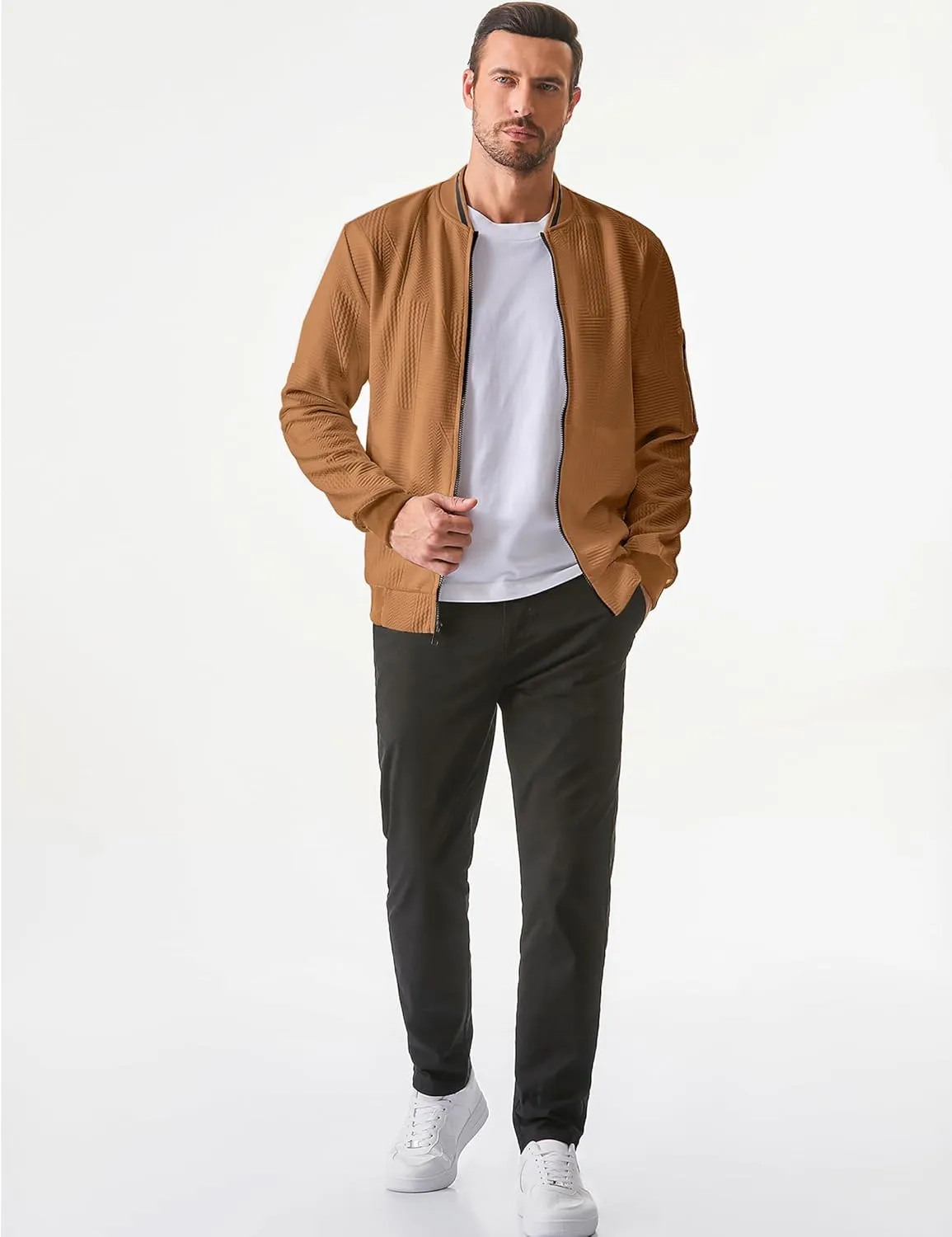 JMIERR Mens Casual Jacquard Bomber Jackets Color-Block Lightweight Varsity Jacket Fashion Zipper Coat with Pockets