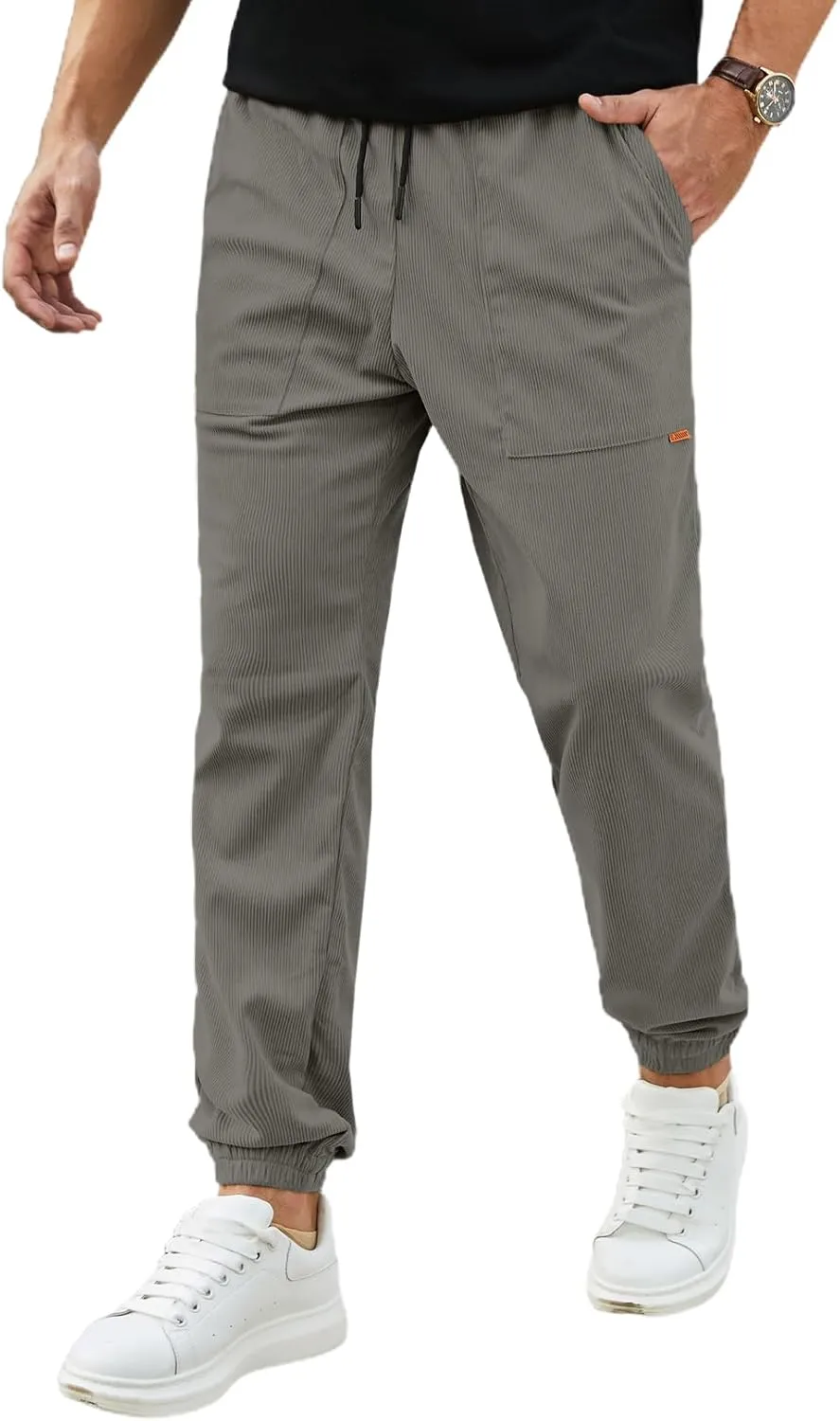 JMIERR Mens Corduroy Pants - Drawstring Waist Stretch Tapered Joggers Sweatpants Chinos Pants with Pockets