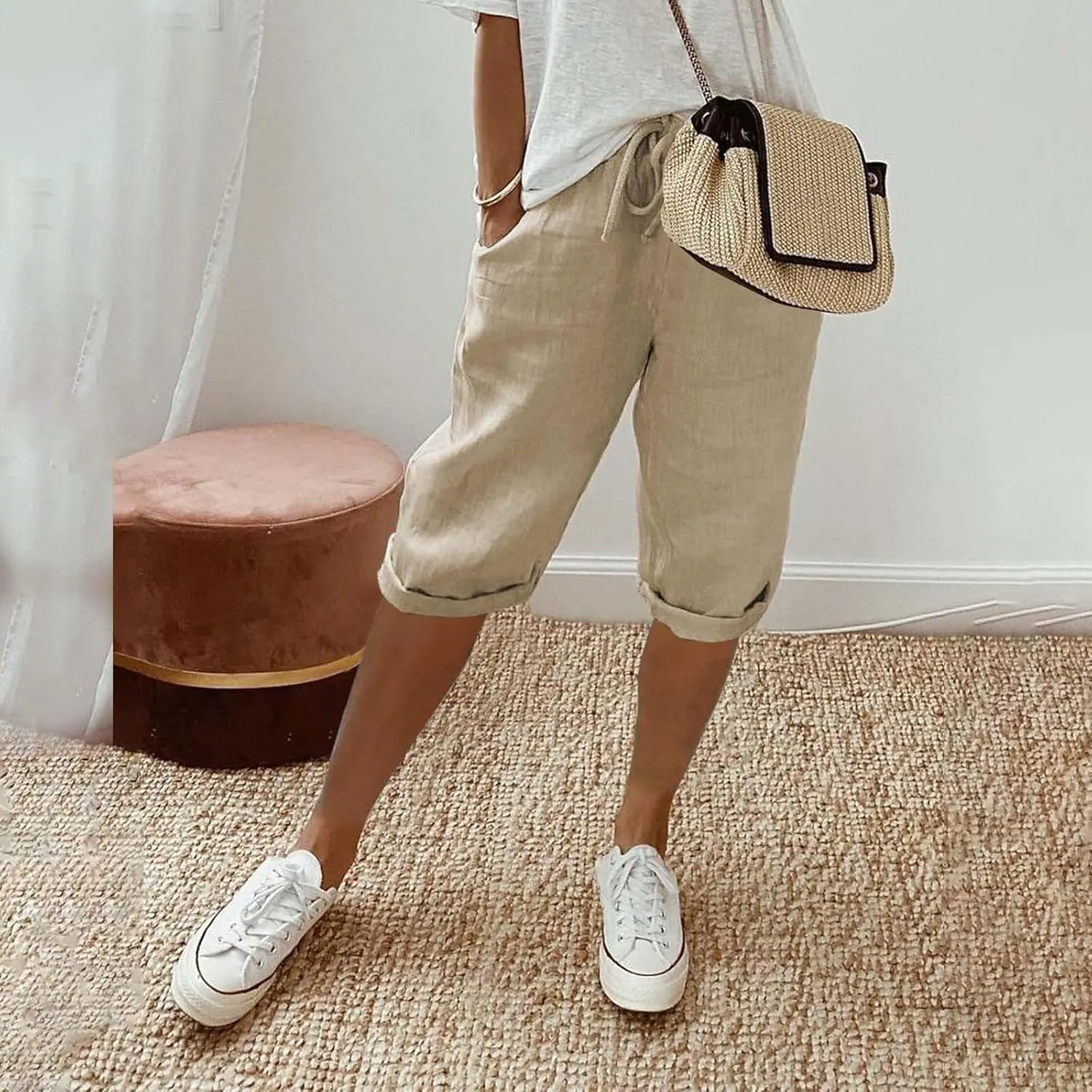 Linen Capri Pants for Women 2025 Ladies Loose Drawstring Casual Solid Color Petite Summer Beachwear Lightweight