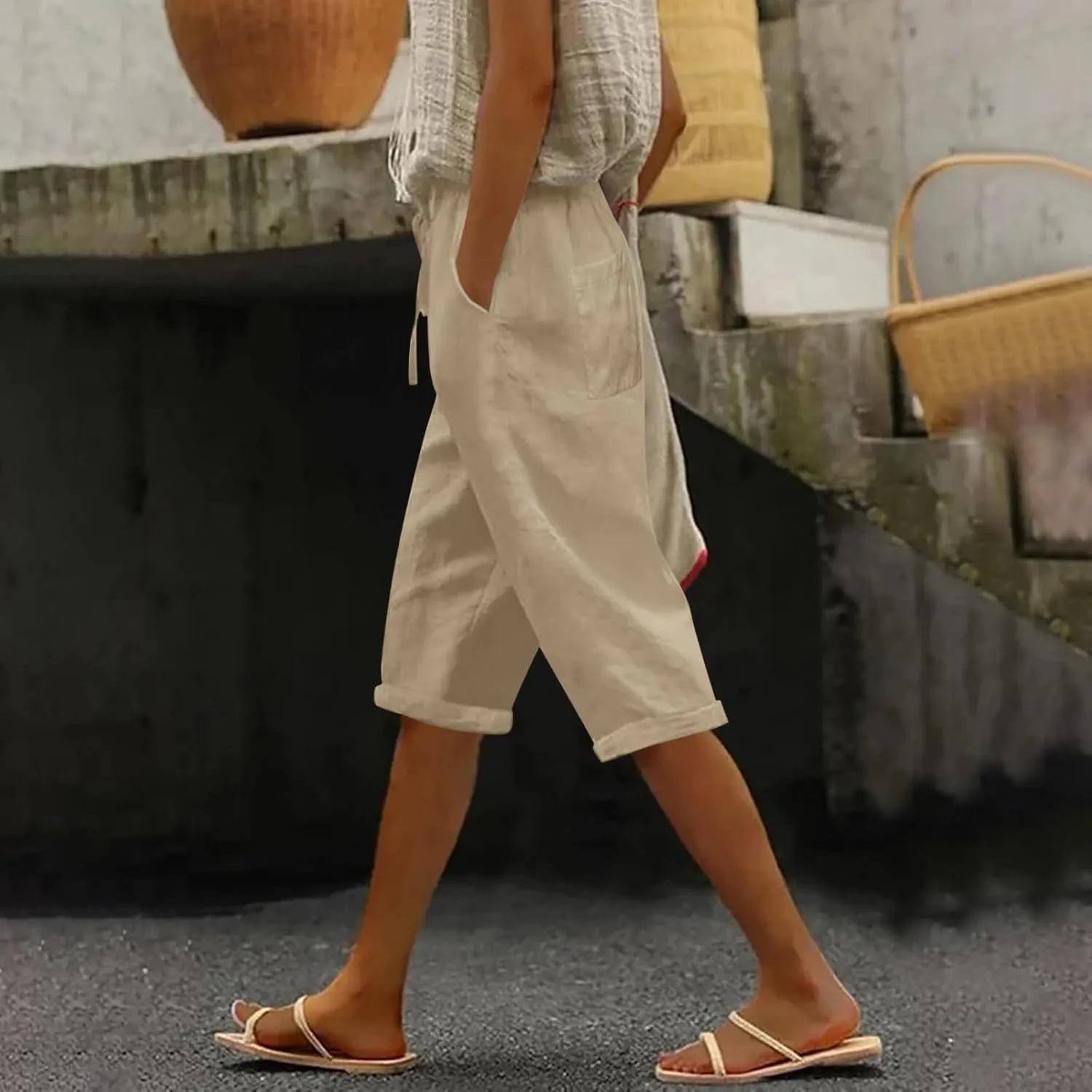 Linen Capri Pants for Women 2025 Ladies Loose Drawstring Casual Solid Color Petite Summer Beachwear Lightweight