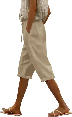 Linen Capri Pants for Women 2025 Ladies Loose Drawstring Casual Solid Color Petite Summer Beachwear Lightweight