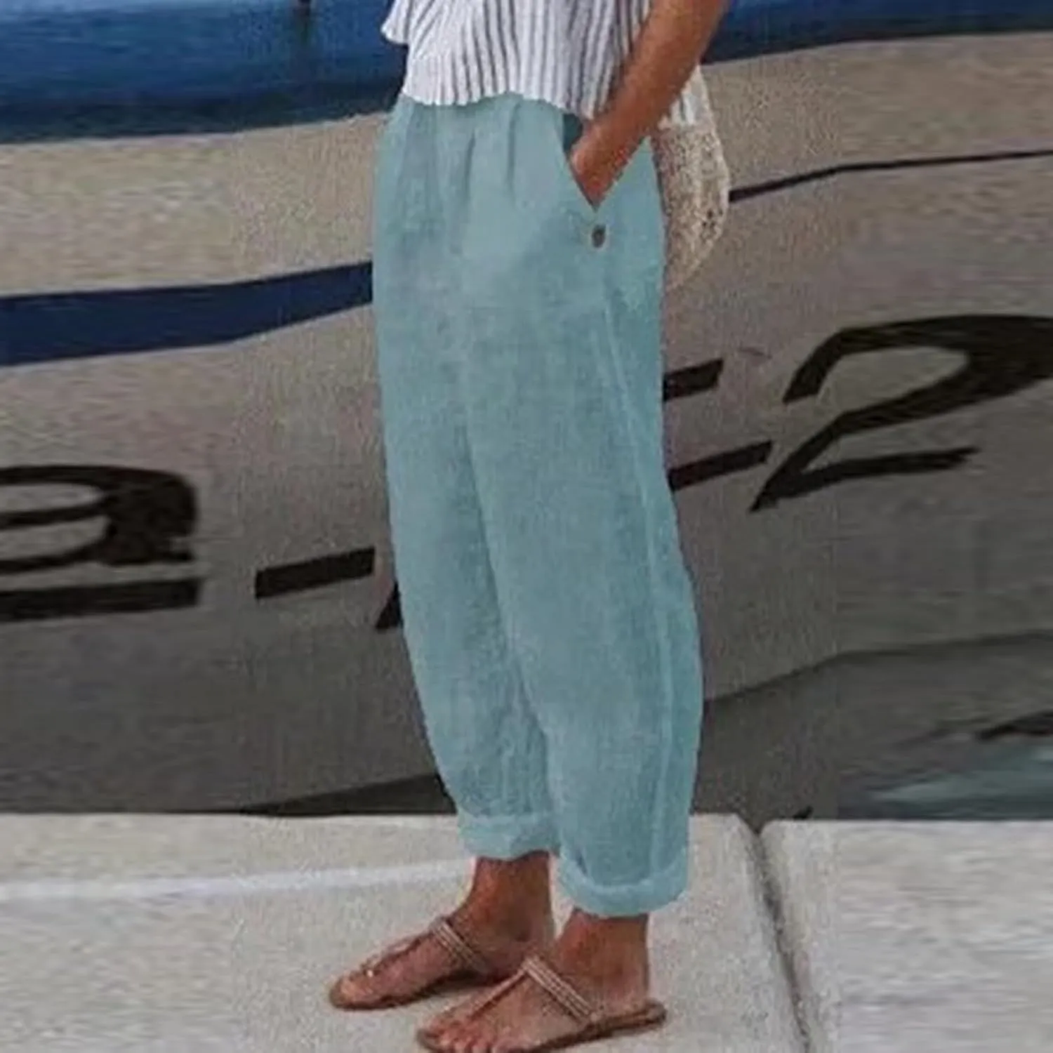 Linen Pants for Women Summer Straight Leg Casual Pants Elastic Waist Crop Trousers Summer Lightweight Vacation Pants