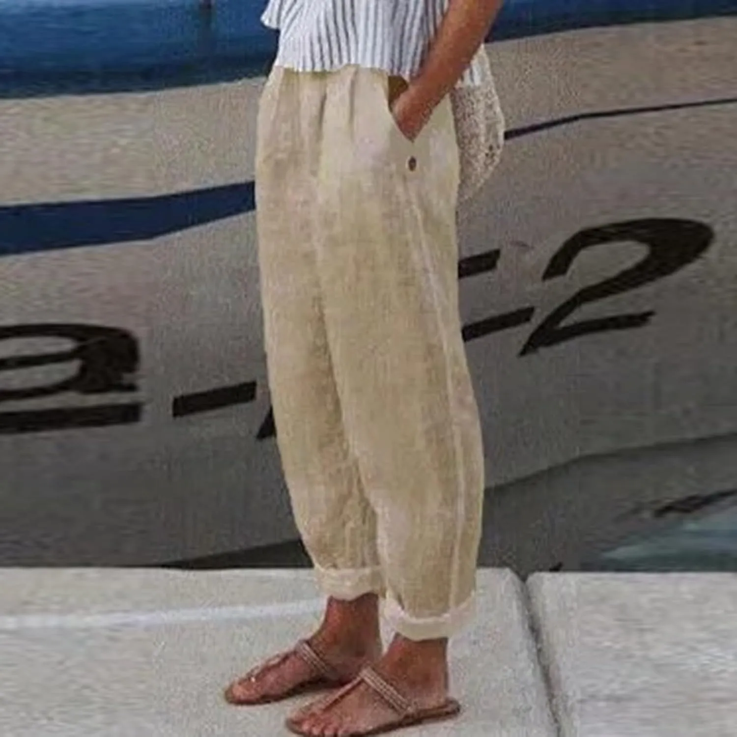 Linen Pants for Women Summer Straight Leg Casual Pants Elastic Waist Crop Trousers Summer Lightweight Vacation Pants