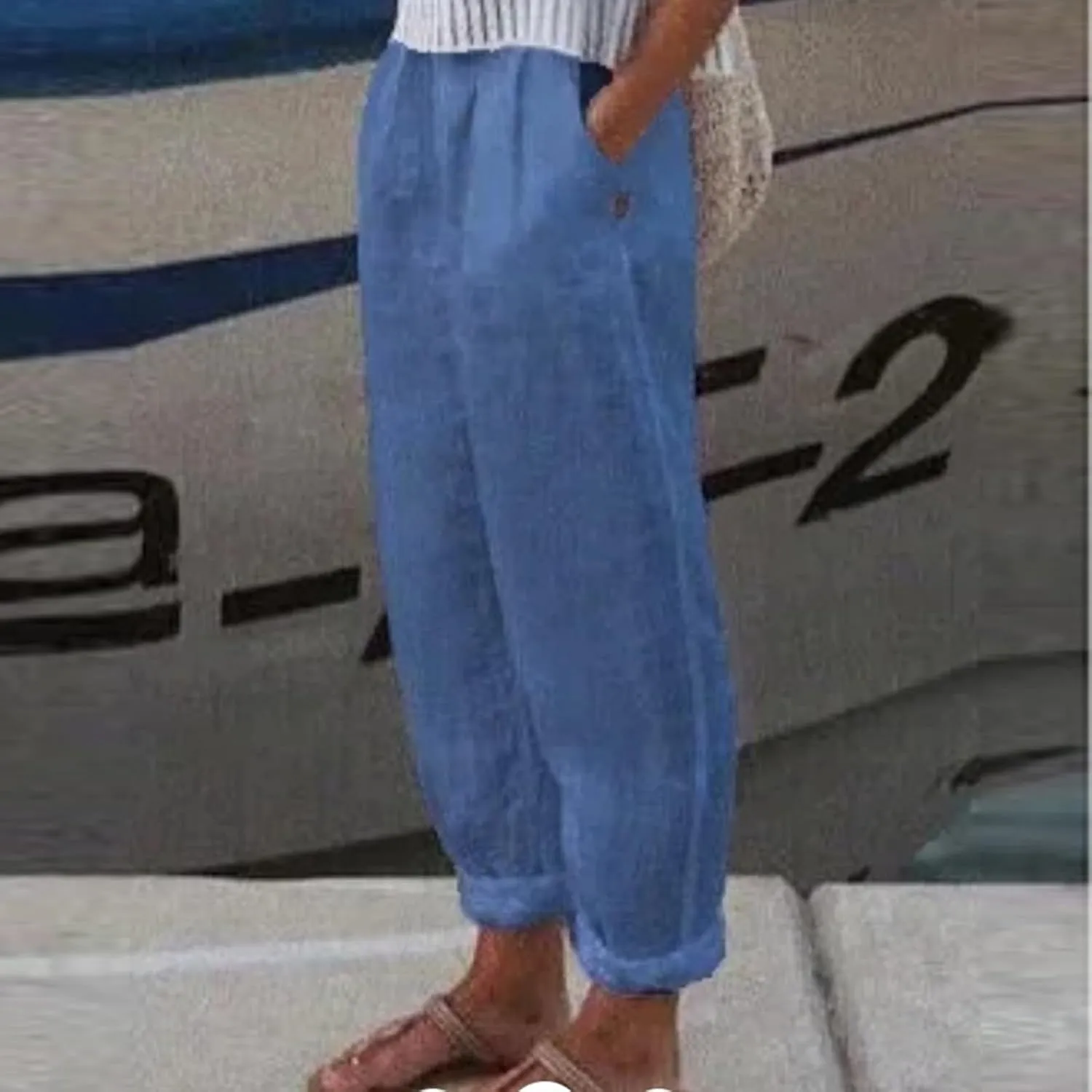 Linen Pants for Women Summer Straight Leg Casual Pants Elastic Waist Crop Trousers Summer Lightweight Vacation Pants