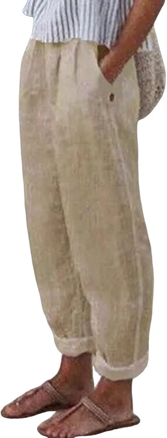Linen Pants for Women Summer Straight Leg Casual Pants Elastic Waist Crop Trousers Summer Lightweight Vacation Pants