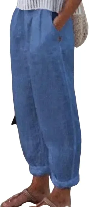 Linen Pants for Women Summer Straight Leg Casual Pants Elastic Waist Crop Trousers Summer Lightweight Vacation Pants