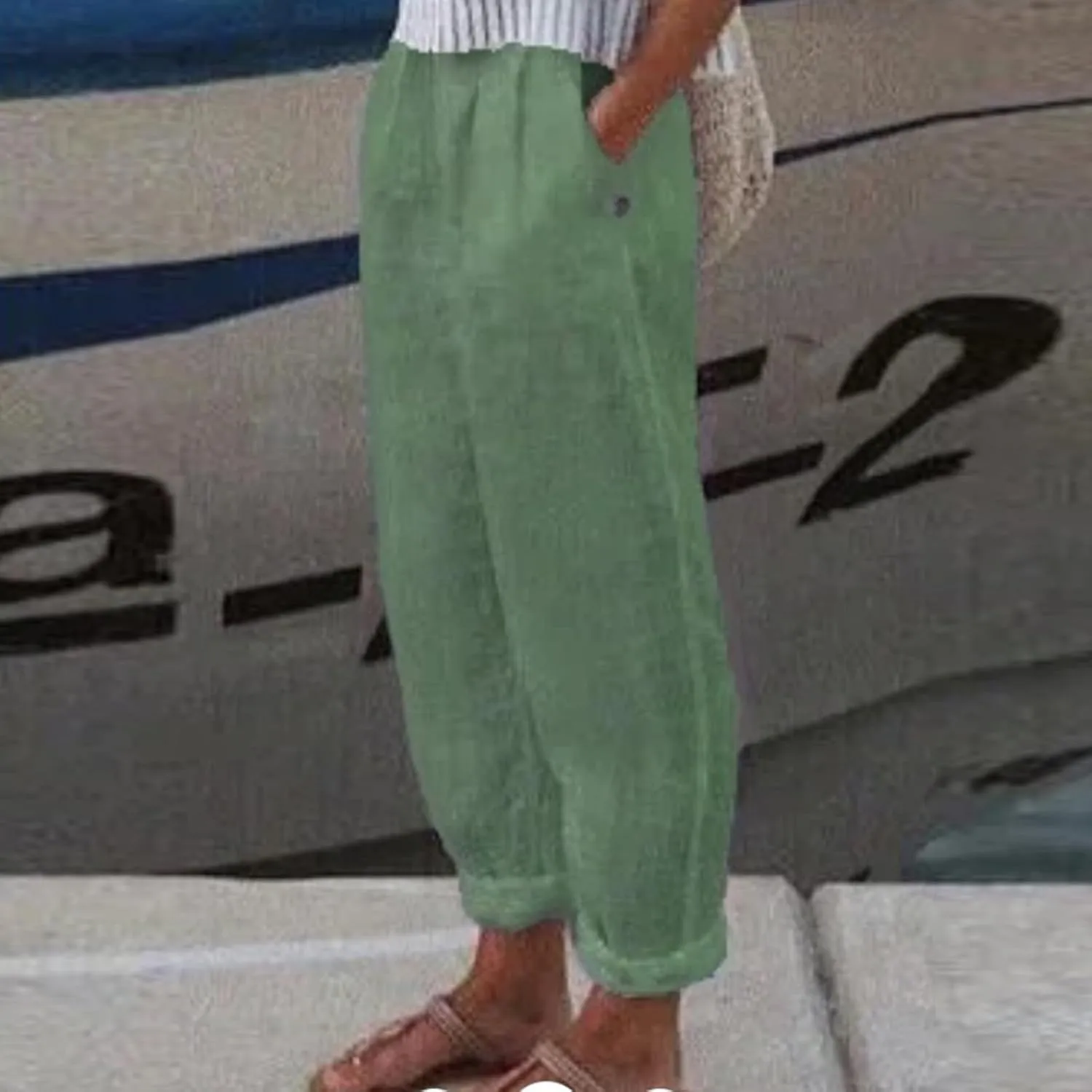 Linen Pants for Women Summer Straight Leg Casual Pants Elastic Waist Crop Trousers Summer Lightweight Vacation Pants