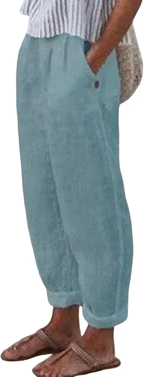 Linen Pants for Women Summer Straight Leg Casual Pants Elastic Waist Crop Trousers Summer Lightweight Vacation Pants