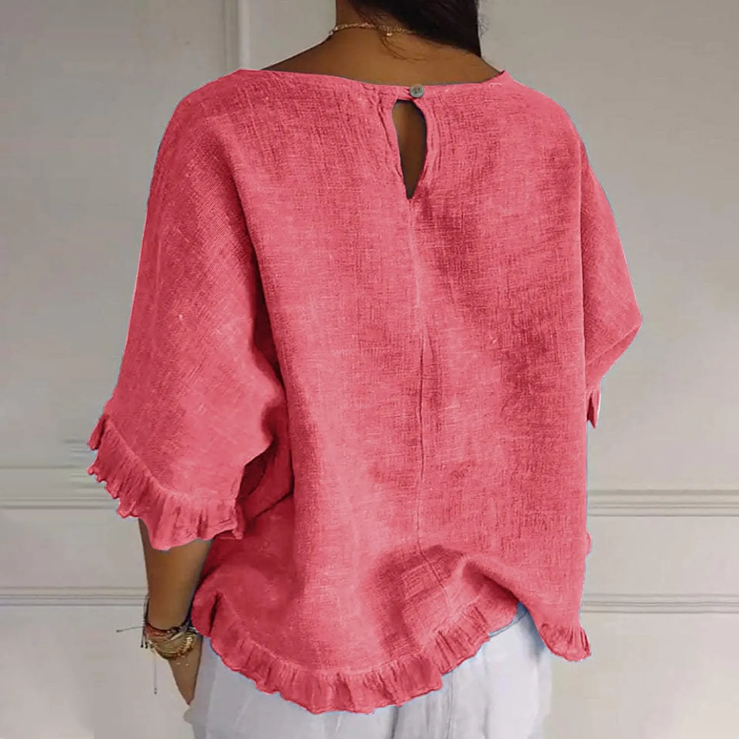 Linen Shirts for Women Solid Color Basic 3/4 Sleeve Tops Summer Casual Round Neck Pullover Blouse Ladies Tunic Tee
