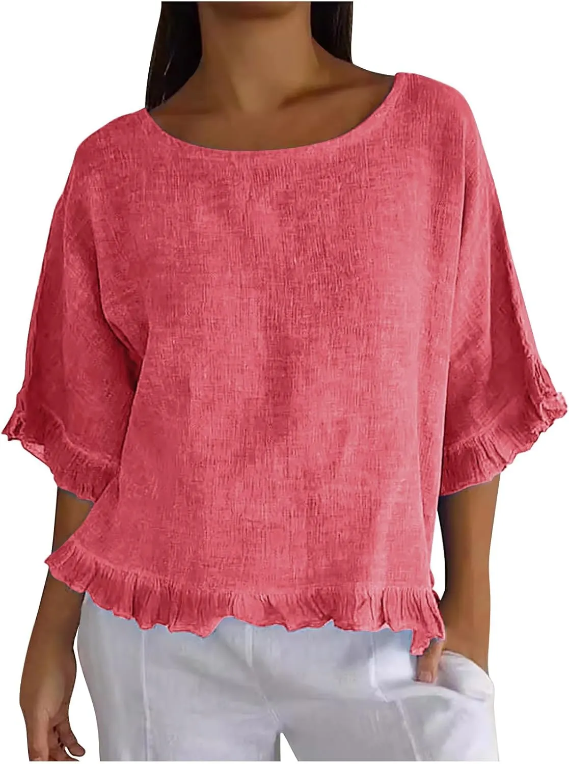 Linen Shirts for Women Solid Color Basic 3/4 Sleeve Tops Summer Casual Round Neck Pullover Blouse Ladies Tunic Tee
