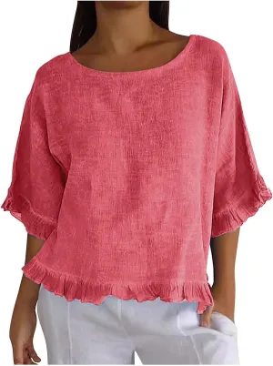 Linen Shirts for Women Solid Color Basic 3/4 Sleeve Tops Summer Casual Round Neck Pullover Blouse Ladies Tunic Tee