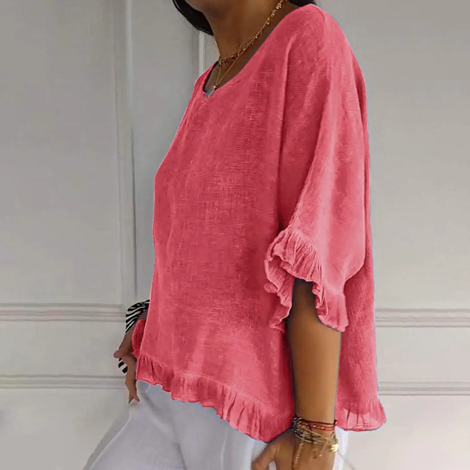 Linen Shirts for Women Solid Color Basic 3/4 Sleeve Tops Summer Casual Round Neck Pullover Blouse Ladies Tunic Tee