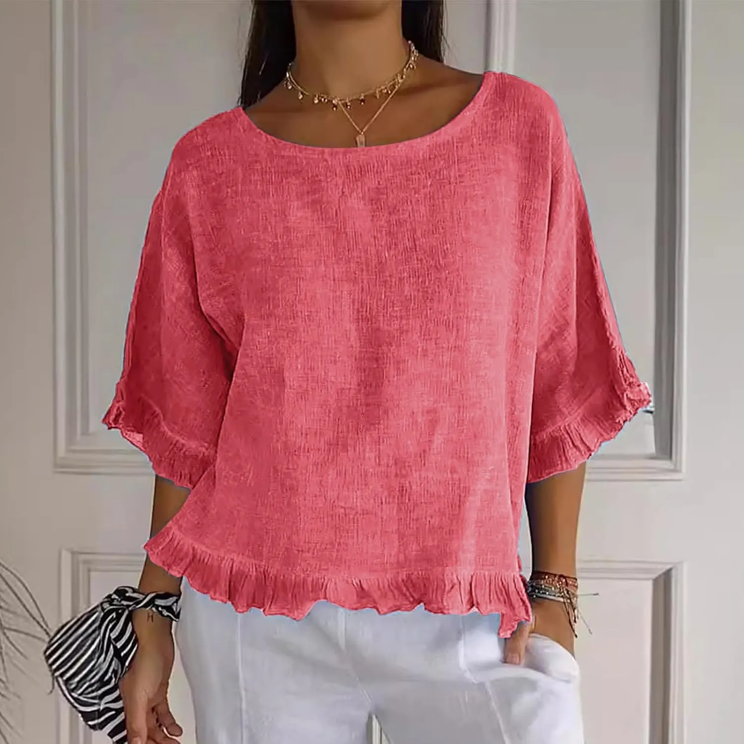 Linen Shirts for Women Solid Color Basic 3/4 Sleeve Tops Summer Casual Round Neck Pullover Blouse Ladies Tunic Tee