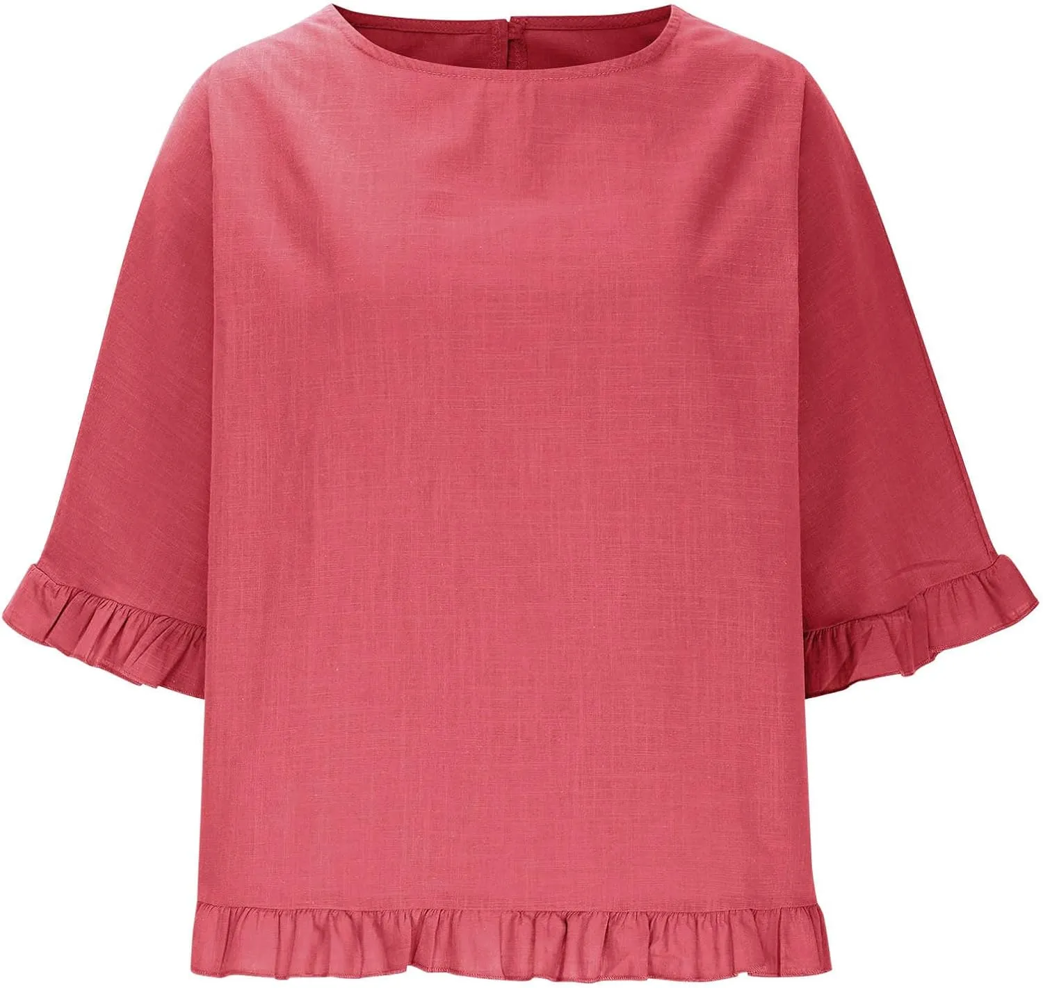Linen Shirts for Women Solid Color Basic 3/4 Sleeve Tops Summer Casual Round Neck Pullover Blouse Ladies Tunic Tee