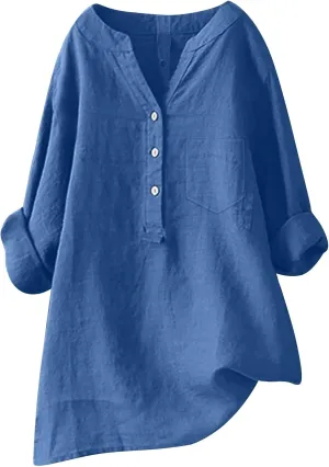 Linen Shirts for Women Summer Linen Button Long Sleeve T Shirts Casual Oversized Lightweight V-Neck Tee Shirts