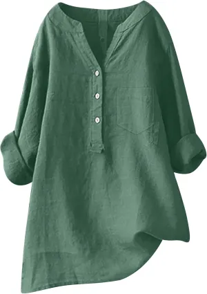 Linen Shirts for Women Summer Linen Button Long Sleeve T Shirts Casual Oversized Lightweight V-Neck Tee Shirts