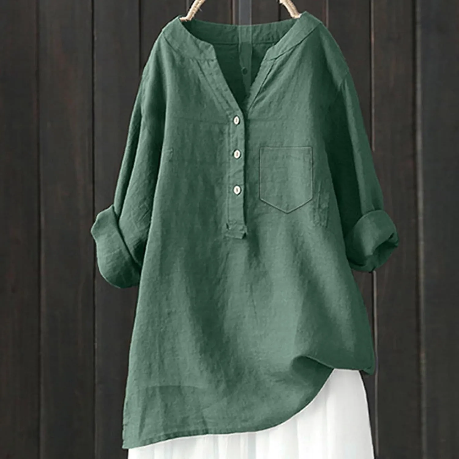Linen Shirts for Women Summer Linen Button Long Sleeve T Shirts Casual Oversized Lightweight V-Neck Tee Shirts