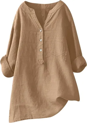 Linen Shirts for Women Summer Linen Button Long Sleeve T Shirts Casual Oversized Lightweight V-Neck Tee Shirts