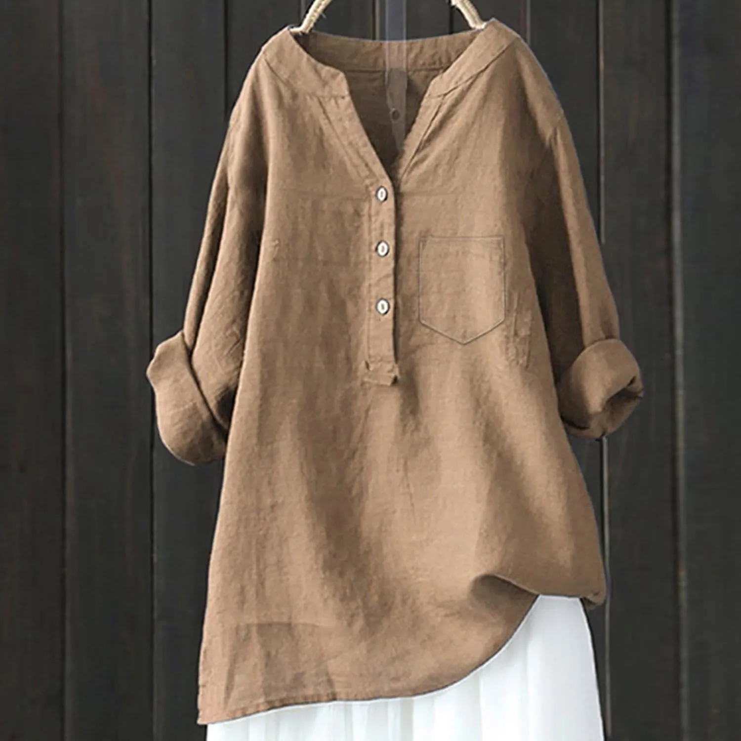 Linen Shirts for Women Summer Linen Button Long Sleeve T Shirts Casual Oversized Lightweight V-Neck Tee Shirts