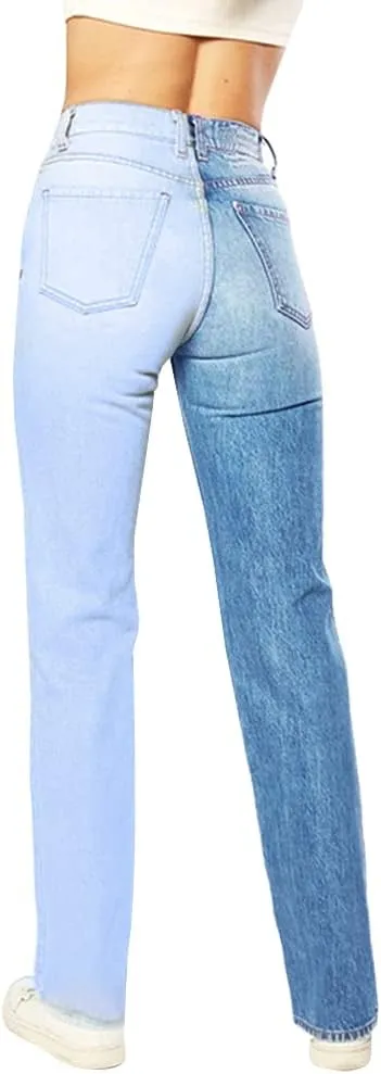LONGYIDA Colorblock Straight Leg Jeans for Women High Waist Skinny Stretch Jeans Denim Pants with Pockts