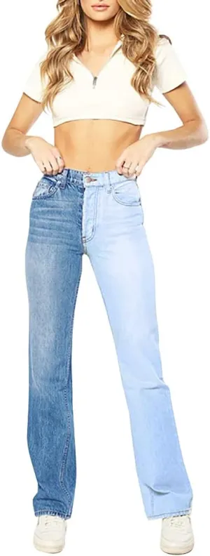 LONGYIDA Colorblock Straight Leg Jeans for Women High Waist Skinny Stretch Jeans Denim Pants with Pockts