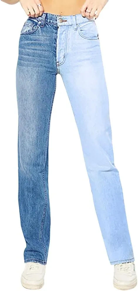 LONGYIDA Colorblock Straight Leg Jeans for Women High Waist Skinny Stretch Jeans Denim Pants with Pockts