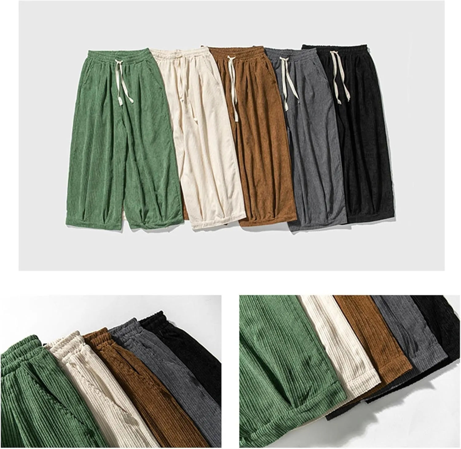 Loose Corduroy Pants for Men Big and Tall Straight Wide Leg Cotton Trousers Casual Elastic Waist Drawstring Sweatpant