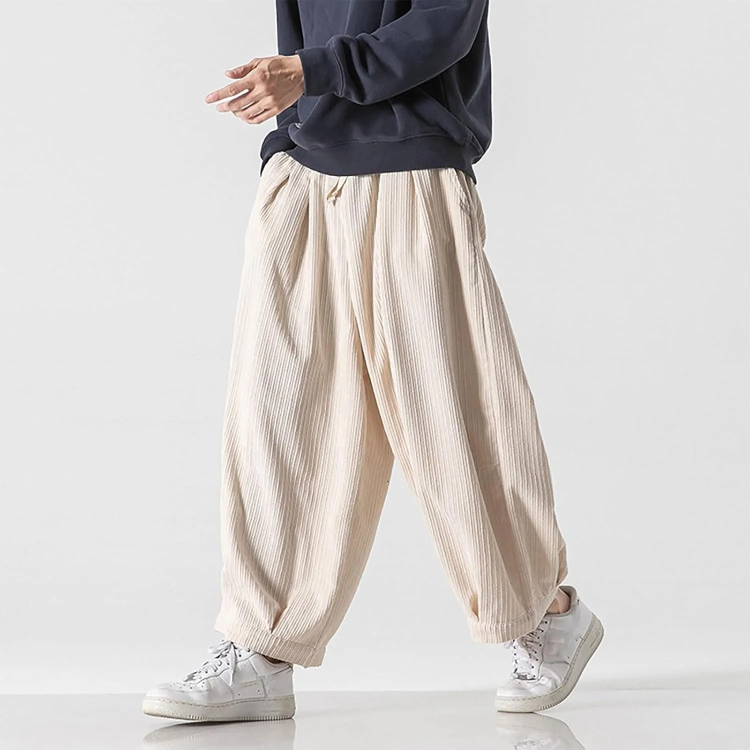 Loose Corduroy Pants for Men Big and Tall Straight Wide Leg Cotton Trousers Casual Elastic Waist Drawstring Sweatpant