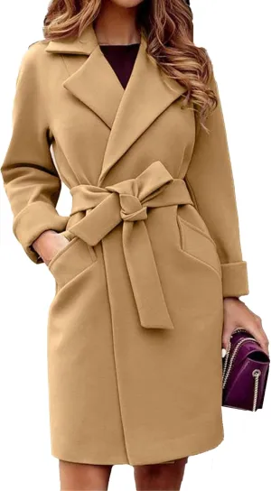 Maiyifu-GJ Women's Wool Blend Long Trench Coat Elegant Notched Lapel Coat Jacket Casual Fall Winter Overcoat with Belt