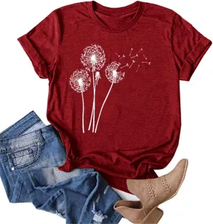 MaQiYa Womens Cute Make A Wish Dandelion Printed Tee Shirts Summer Cotton Vintage Graphic Tees Tops