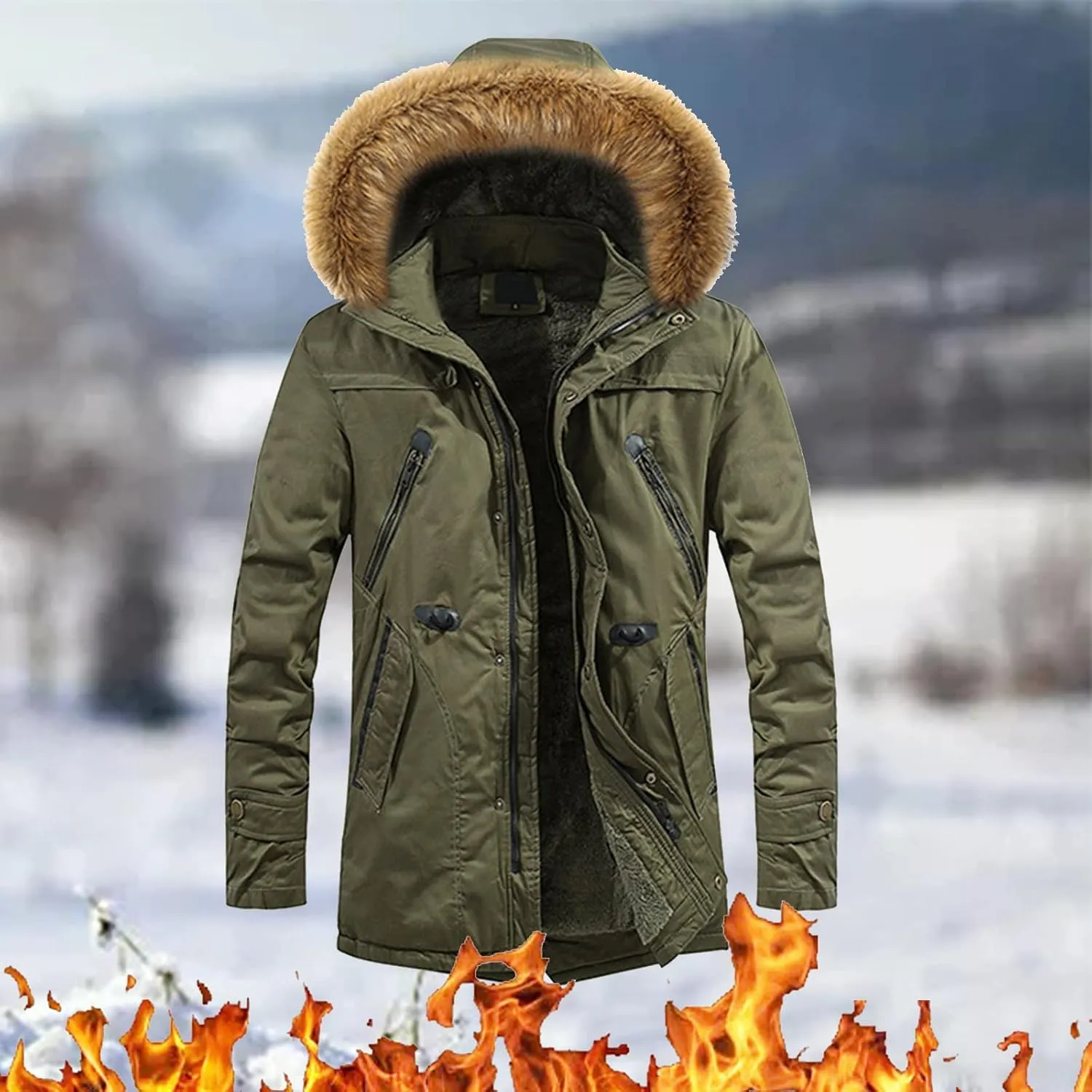 Maryia Mens Parka Jacket Waterproof Winter Hooded Jacket Casual Warm Quilted Coat with Fur Hood Thick Outdoor Outwear